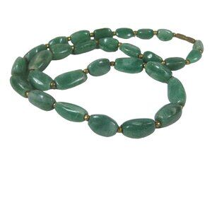 Vintage Green Aventurine Stone Beaded Necklace 23 Inch Brass Bead Jewelry